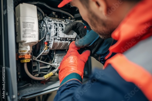 Repairman fixing a broken electric boiler or furnace