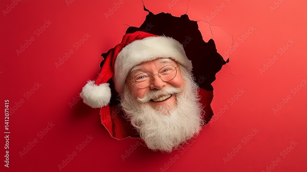 santa claus cheerfully peeking through a red paper wallpaper