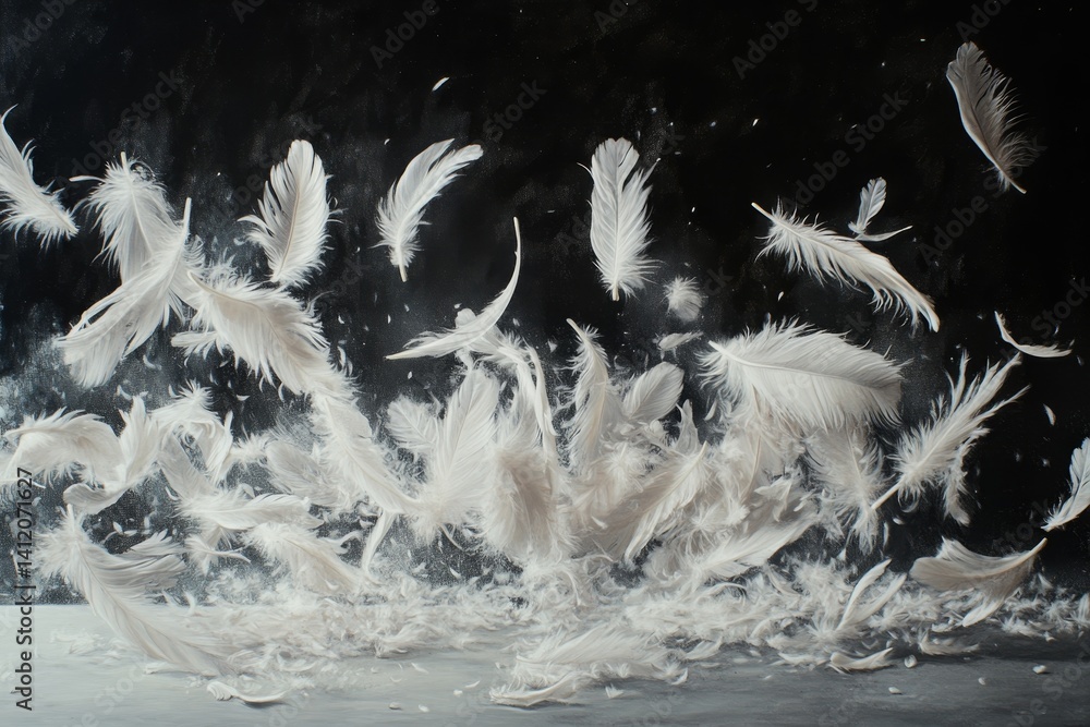White fluffy feathers slowly drift down, creating a sense of weightlessness