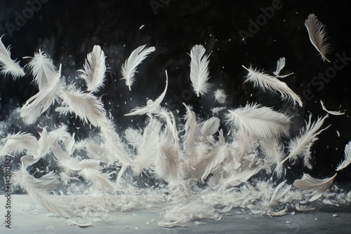 Obraz na płótnie White fluffy feathers slowly drift down, creating a sense of weightlessness w salonie