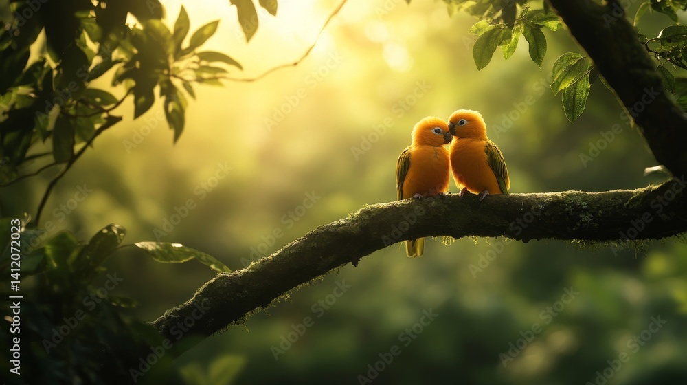 Tropical birds sitting on a tree branch in the rainforest