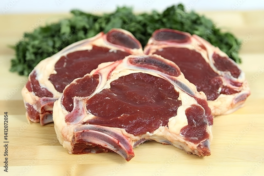 Raw Ribeye Steaks on Wooden Board with Kale Raw Ribeye Steaks on Wooden Board with Kale