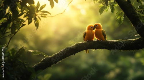 Tropical birds sitting on a tree branch in the rainforest