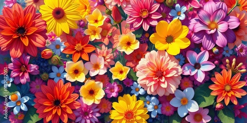 Vibrant floral painting, sun-drenched hues, blended colors, diverse blooms, sun,  artistic