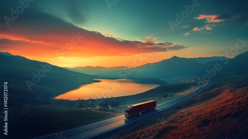 Obraz na płótnie truck driving on asphalt highway against background of mountains and reservoir at sunset w salonie