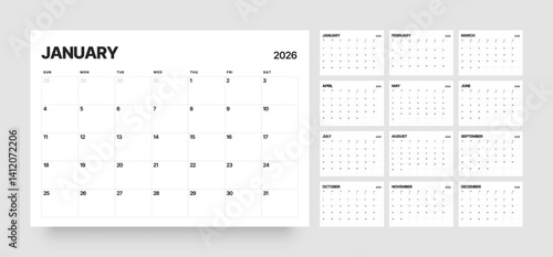 Monthly calendar layout for 2026 year. Diary planner for 2026 year. Week Starts on Sunday. 