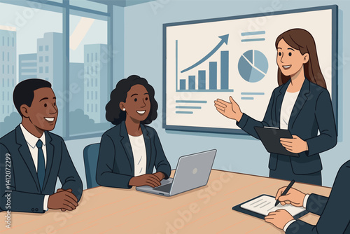 Professional business meeting in office setting with presentation on growth and strategy