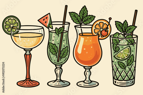 Vintage cocktail set with classic glassware and fresh garnishes for elegant bar decor