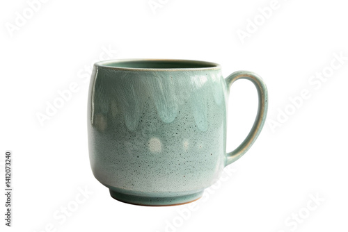 Handcrafted ceramic mug showcasing gentle green glaze for cozy moments at home isolated on transparent background