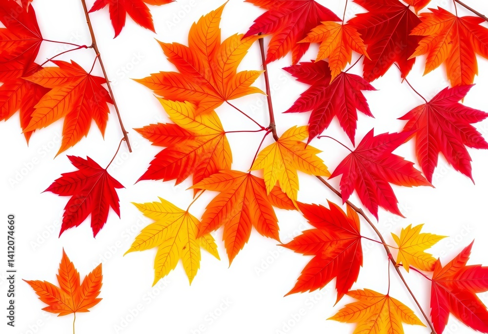 Vibrant orange, red, and yellow maple leaves isolated on pure white , autumn colors, nature Vibrant orange, red, and yellow maple leaves isolated on pure white , autumn colors, nature