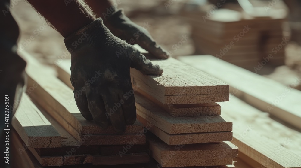 Obraz premium Construction worker stacking materials on a site. Featuring efficiency and teamwork