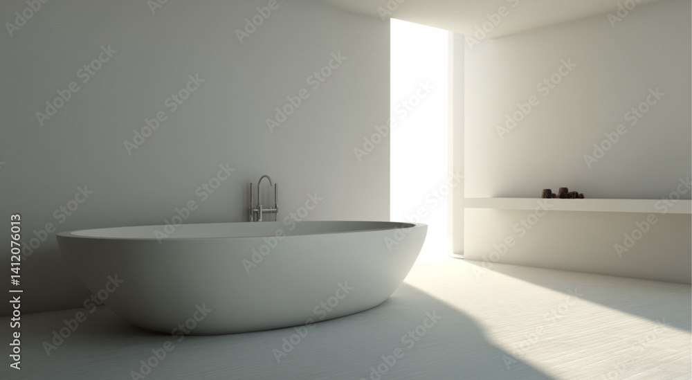 modern bathroom interior with a freestanding bathtub in center, large window, clean lines, soft netural lighting, sleek and modern design, a white wall