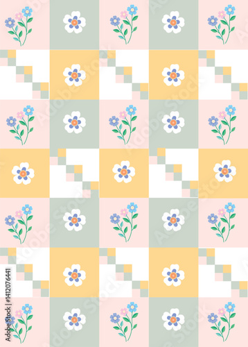 seamless pattern with flower and shape , fabric, Hand-drawn, Pattern Design, Repeatable, decoration, wallpaper, fashion, baby, mosaic, tablecloth, pixel, square, textile
