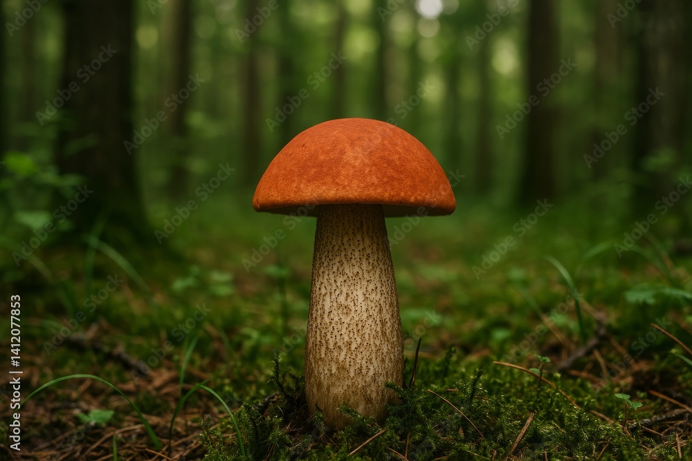 Mushroom Growing on Forest Floor Under Soft Morning Light in Serene Woodland Mushroom Growing on Forest Floor Under Soft Morning Light in Serene Woodland