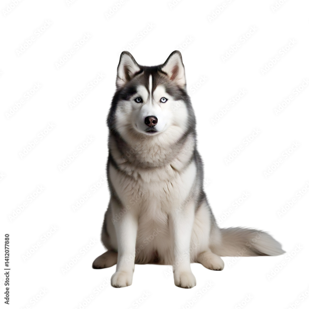 Siberian husky with blue eyes sitting calmly, isolated on white background Siberian husky with blue eyes sitting calmly, isolated on white background