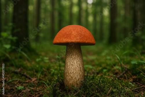 Mushroom Growing on Forest Floor Under Soft Morning Light in Serene Woodland