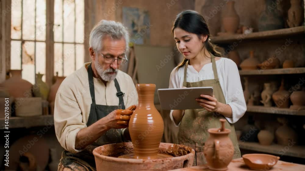Bearded Artisan Creates Pottery on a Spinning Wheel as Young Woman Uses a Tablet in a Workshop Bearded Artisan Creates Pottery on a Spinning Wheel as Young Woman Uses a Tablet in a Workshop