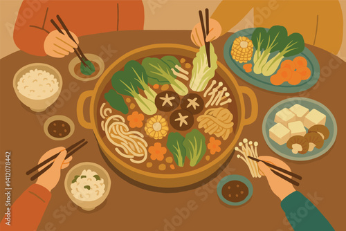 Cozy asian hotpot gathering with fresh ingredients and family sharing