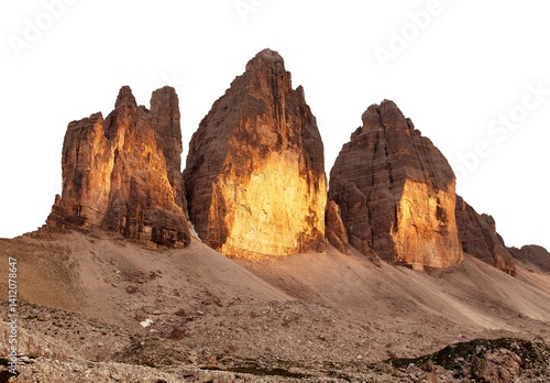 Obraz na płótnie Drei Zinnen or Tre Cime di Lavaredo isolated on white w salonie