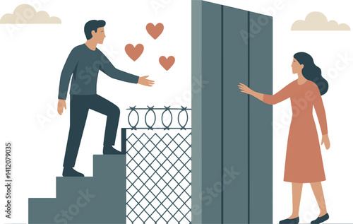 Long distance love concept with couple separated by wall and hearts