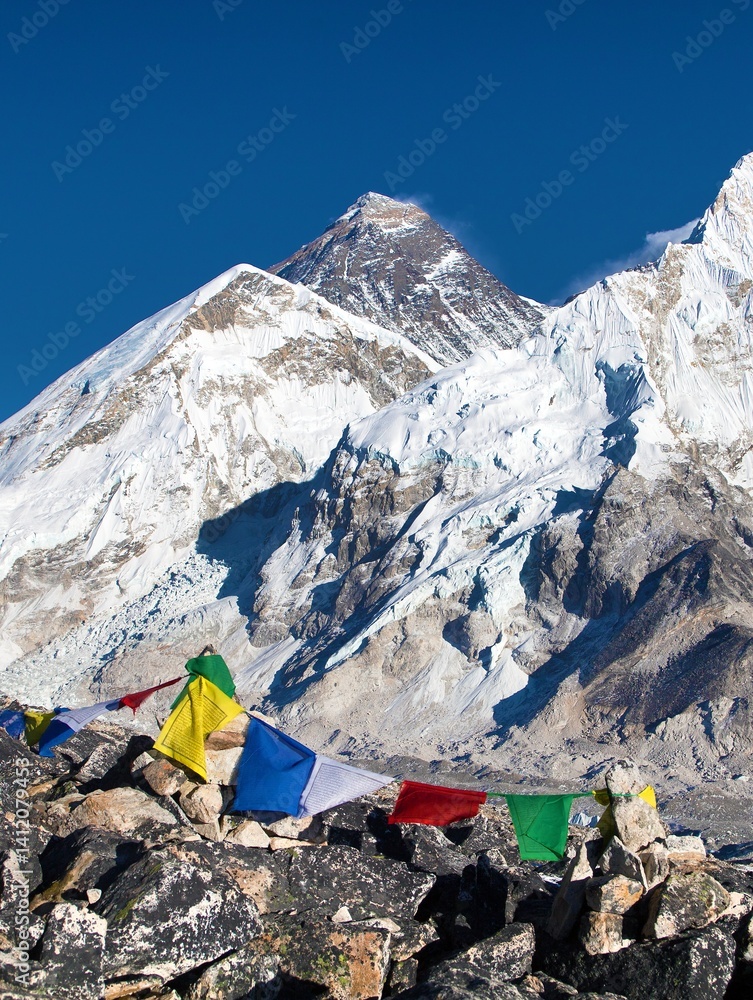 Mount Everest and Nuptse with buddhist prayer flags