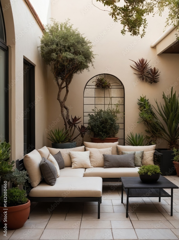 A modern outdoor living space with lush plants and comfortable seating A modern outdoor living space with lush plants and comfortable seating