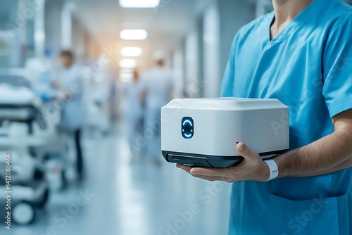 Ai-powered robot delivering medication in a hospital healthcare technology medical environment close-up view innovation in patient care