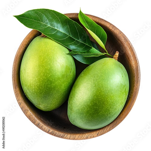 Wallpaper Mural Green mangoes in a wooden bowl, isolated on a white background Torontodigital.ca