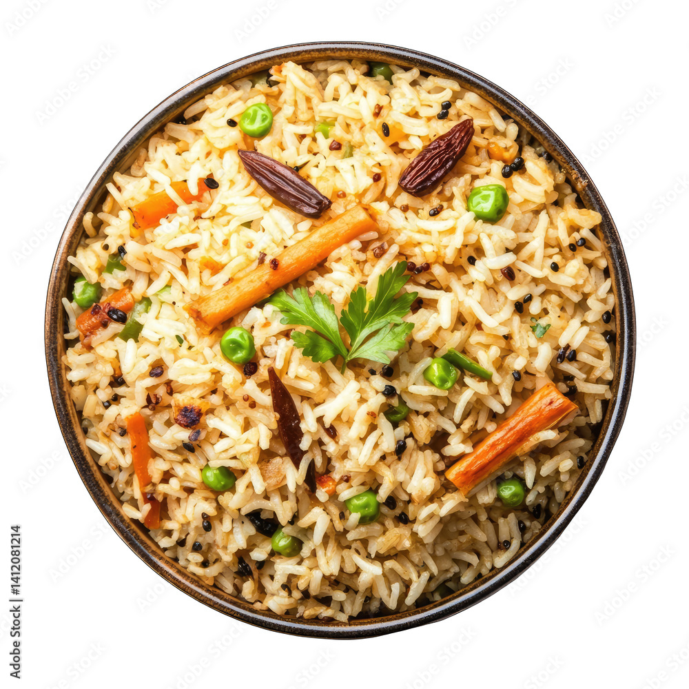 Close up of a bowl of vegetable rice with peas carrots and garnished with parsley Close up of a bowl of vegetable rice with peas carrots and garnished with parsley
