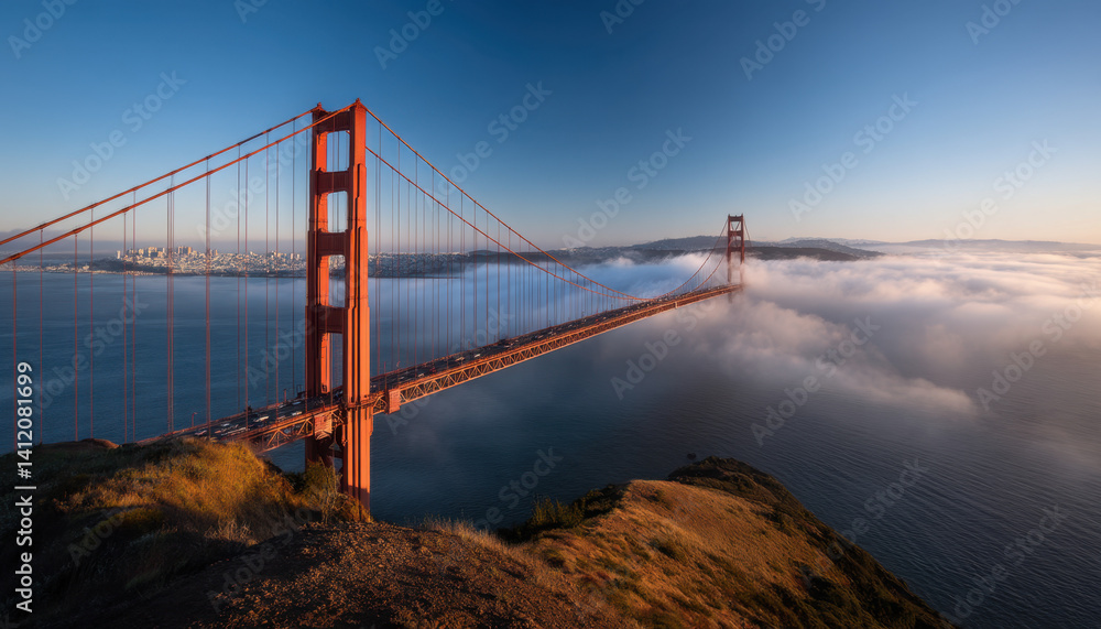 Obraz premium Golden Gate Bridge rises majestically above the fog, with San Francisco's skyline visible in the distance during early morning light