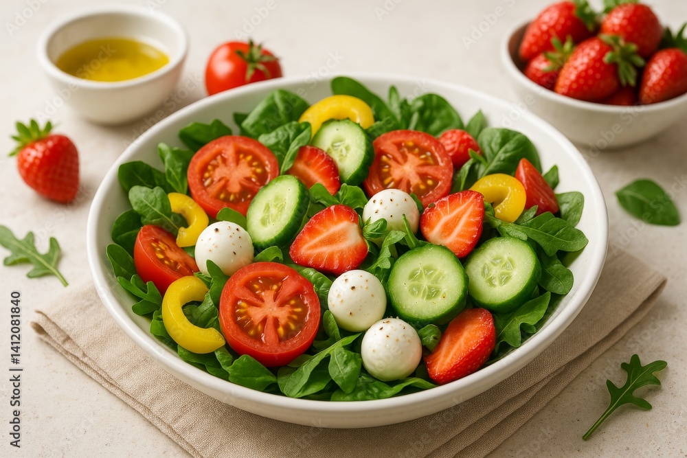 Fresh Salad With Tomatoes, Cucumbers, and Spinach Served With Olive Oil and Cheese Fresh Salad With Tomatoes, Cucumbers, and Spinach Served With Olive Oil and Cheese