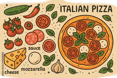 Italian pizza ingredients layout with cheese, mozzarella, and fresh vegetables for culinary art