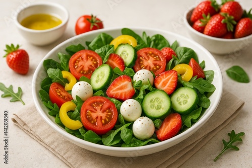 Fresh Salad With Tomatoes, Cucumbers, and Spinach Served With Olive Oil and C...