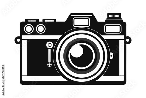 A black and white vector illustration of a vintage DSLR camera with detailed lens and buttons, bold outlines, retro style, isolated on a white background