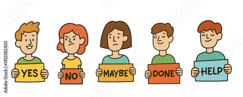 Cartoon characters holding signs with emotions and responses – Yes, No, Maybe, Done, Help. Vector illustration.