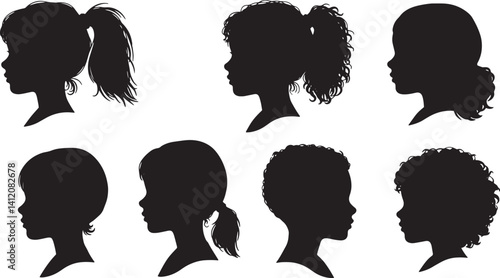 Diverse Female Silhouettes – Side Profile Vector Art with Retro Hairstyles