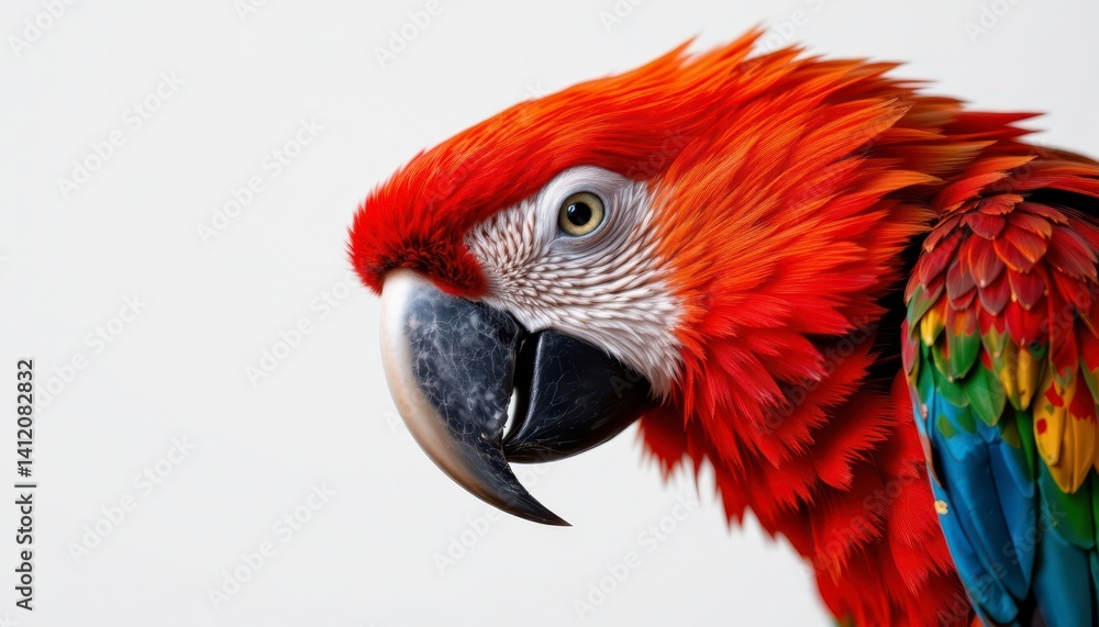 Fototapeta premium Colorful Scarlet Macaw Bird Close-Up on White Background Showcasing Vibrant Feathers and Distinctive Features