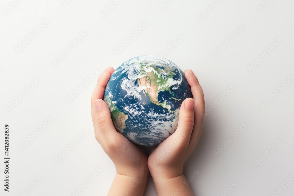 Small hands gently cradling a miniature Earth, symbolizing environmental care and global responsibility. Small hands gently cradling a miniature Earth, symbolizing environmental care and global responsibility.