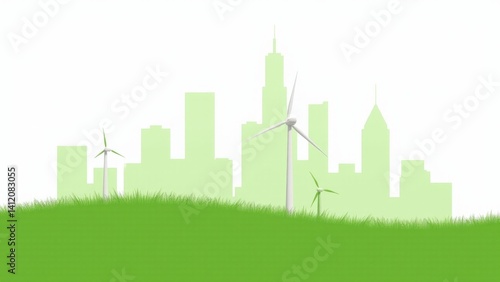 Green City Windmills With Grass Silhouette
