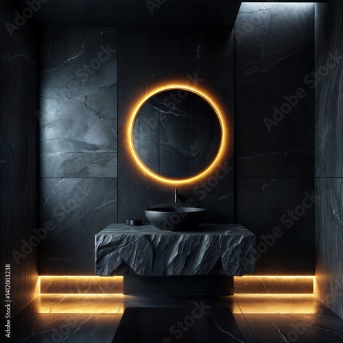 Modern Black Bathroom with Glowing Mirror and Sculpted Stone Vanity