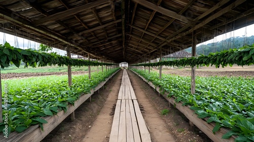 A rustic wooden roofed greenhouse filled with rows of lush green leafy vegetables along a winding pathway creating a serene and tranquil agricultural landscape