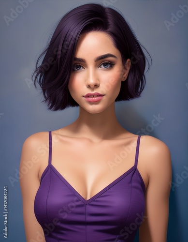 Wallpaper Mural portrait of a brunette woman with short hair wearing a low cut purple top, fashion photography	
 Torontodigital.ca