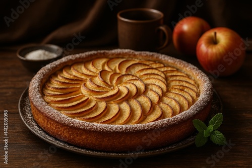 German Apple Cake With Sliced Apples and Powdered Sugar on a Wooden Table