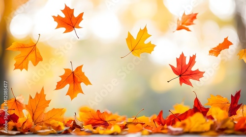 Colorful Autumn Leaves Falling Through the Air in a Soft Focus Nature Background