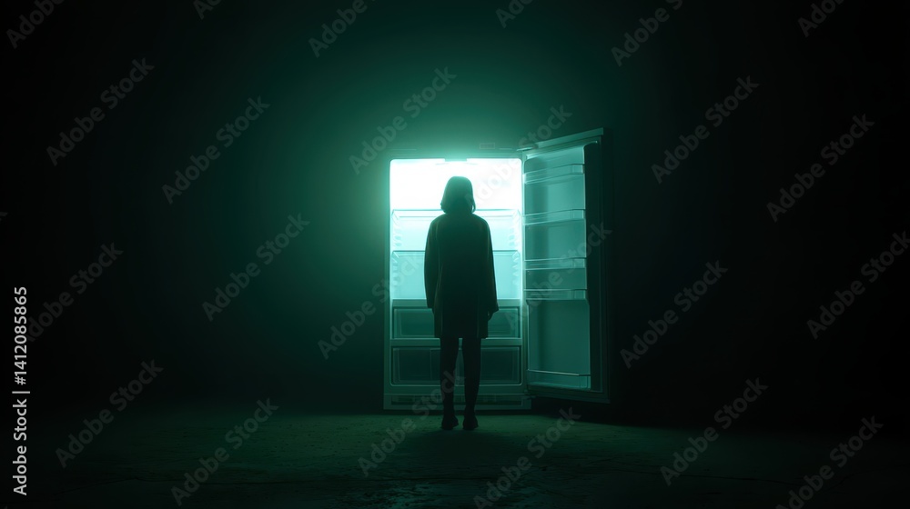 A figure stands before an open refrigerator, its bright light contrasting with the dark surroundings. The scene captures a quiet moment late at night that evokes curiosity and contemplation A figure stands before an open refrigerator, its bright light contrasting with the dark surroundings. The scene captures a quiet moment late at night that evokes curiosity and contemplation