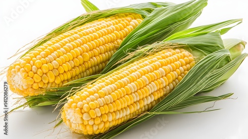 Wallpaper Mural Fresh Yellow Corn on the Cob with Green Leaves Isolated on a White Background Torontodigital.ca