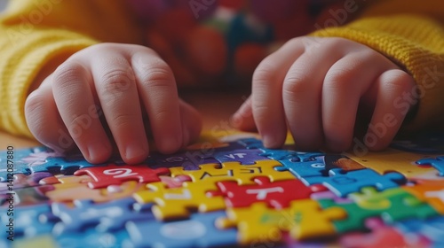 Child hands assembling colorful puzzle pieces