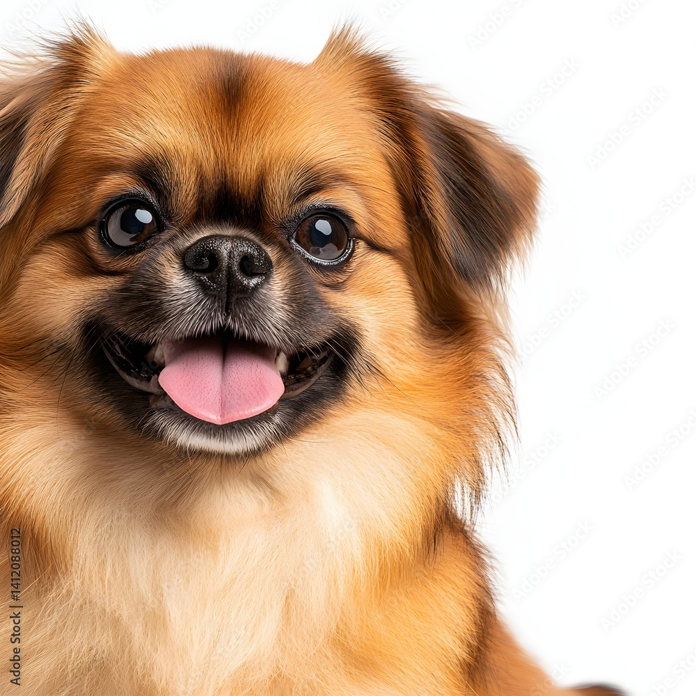 Close-Up Portrait of a Cute Smiling Pomeranian Dog with Bright Eyes Against a White Background Close-Up Portrait of a Cute Smiling Pomeranian Dog with Bright Eyes Against a White Background