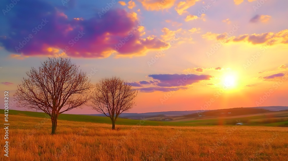 Fototapeta premium Vibrant Sunset Over Open Fields with Silhouetted Trees and Colorful Clouds in the Horizon