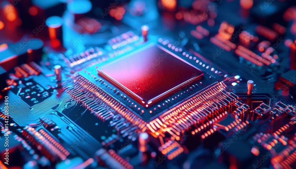 Microchip glows with red heat on circuit board, technological background blur Microchip glows with red heat on circuit board, technological background blur